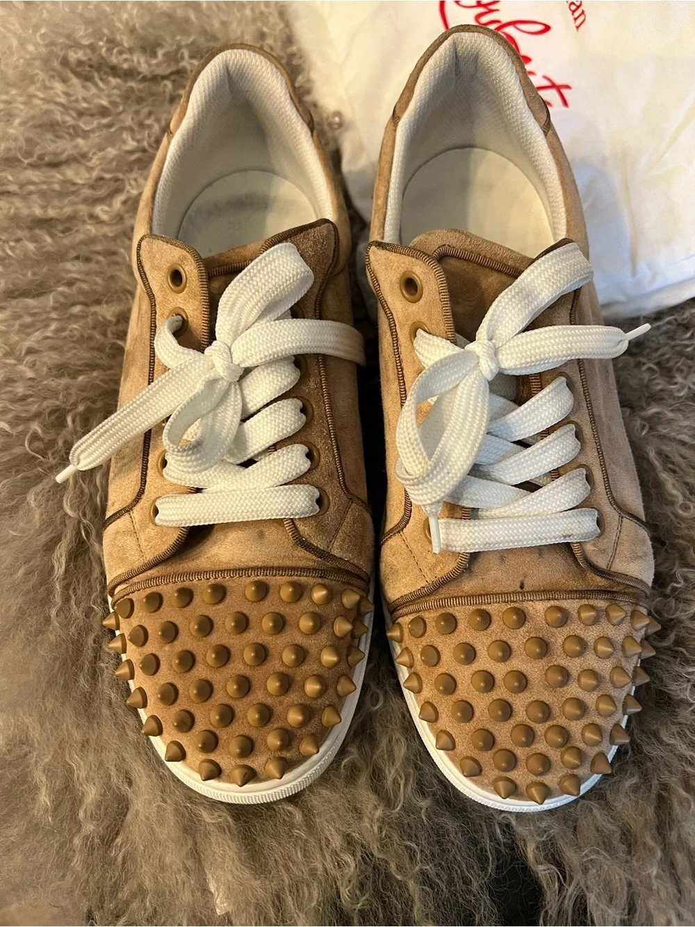 Christian Louboutin Brown Studded Lace-Up Sneakers with White Laces